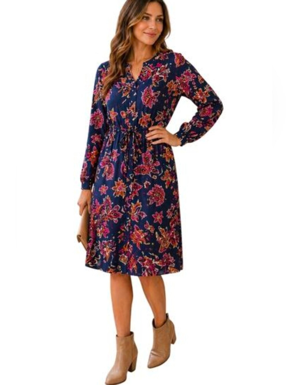 Liz Claiborne Navy Paisley/floral Midi Dress with Tie Belt.